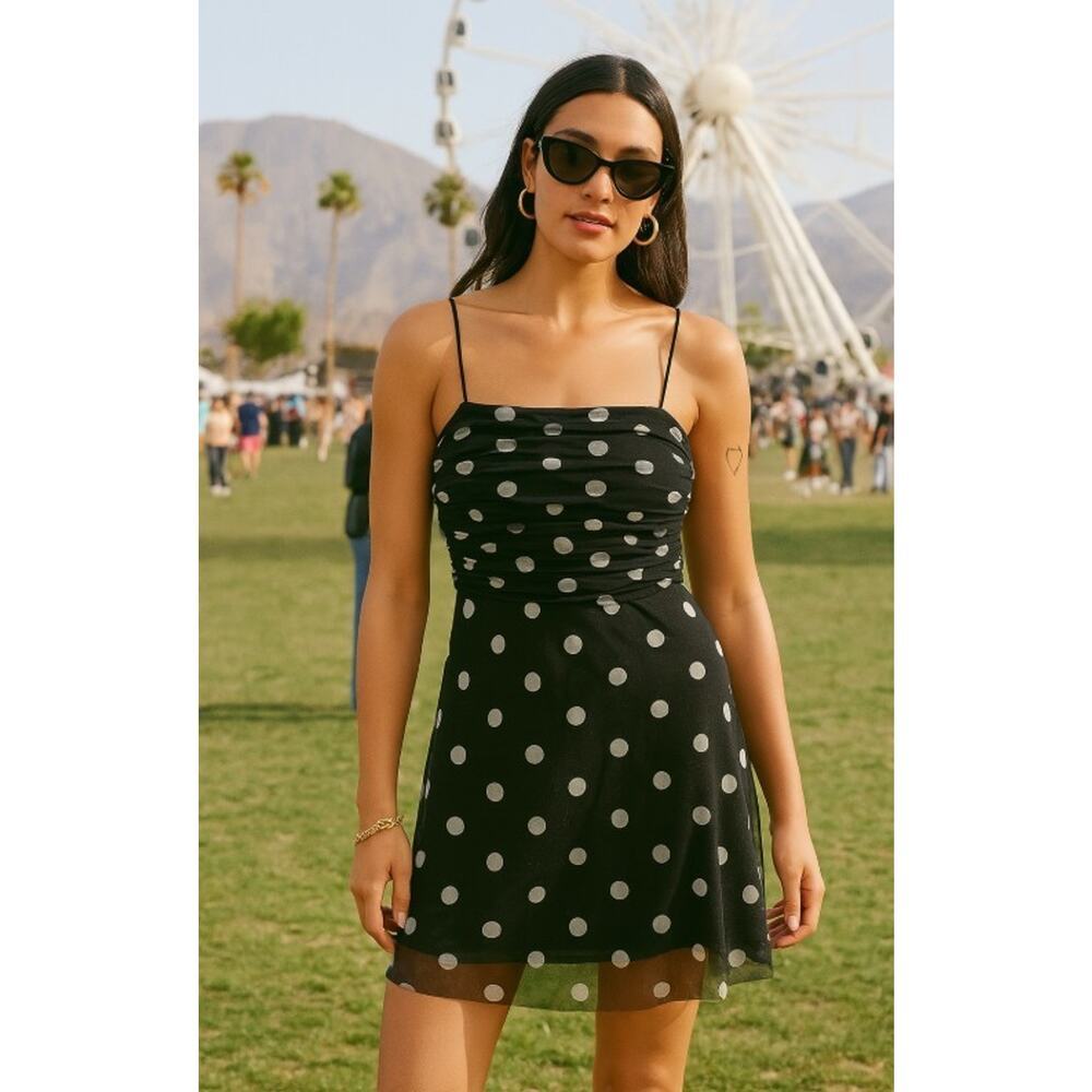 Vintage Y2K Dress 12 Black Polka Dot Mesh Dress Ruched Mini Spaghetti Strap 90s